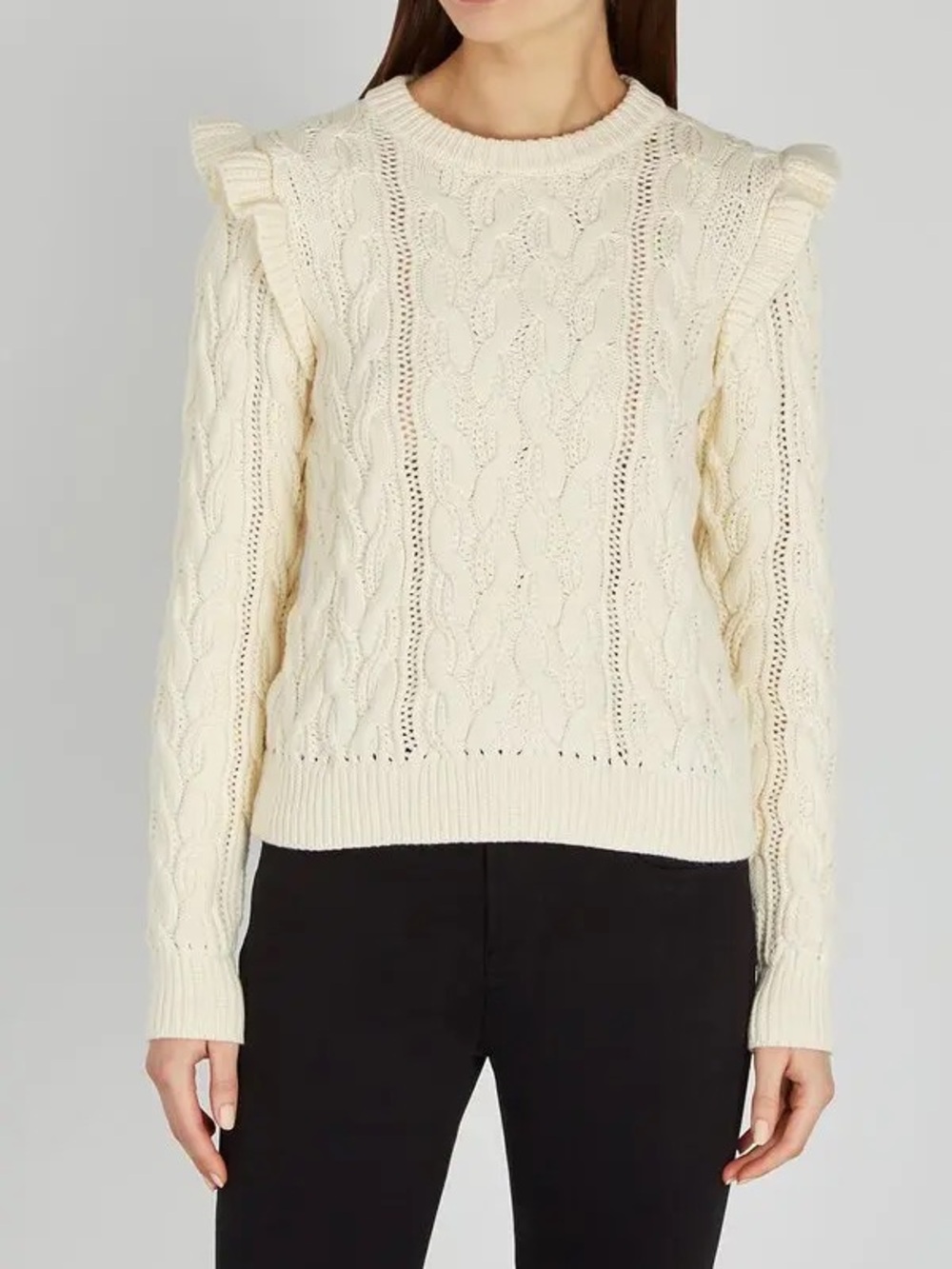 FRAME Sofia ruffle shoulder cable knit crewneck sweater, cream size S